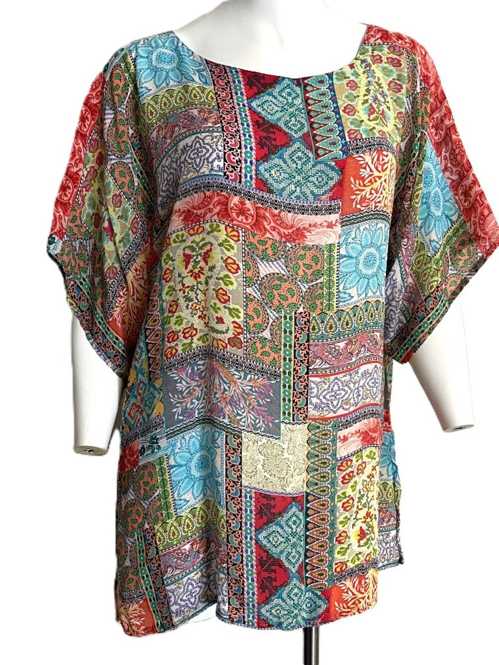 Shana Top Medium 100% Silk Viscose Popover Blouse Patchwork Mix Boho Art To Wear